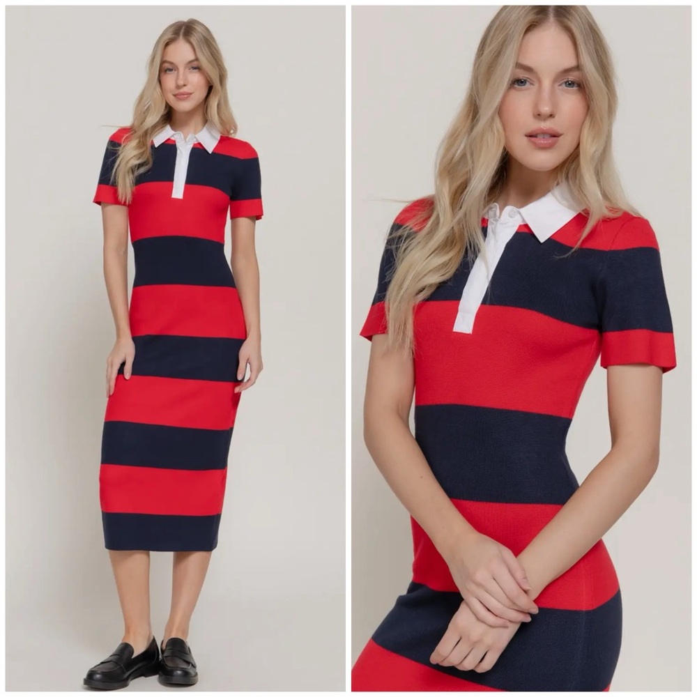 Striped Polo Midi Dress in Red and Navy - Picture 1 of 3